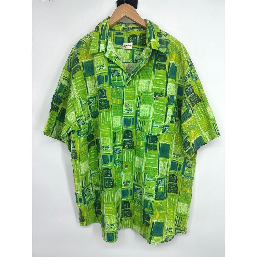 Vtg Angelo Litrico Button Mens 17-17.5 Green Abstract Waffle Knit Retro Resort